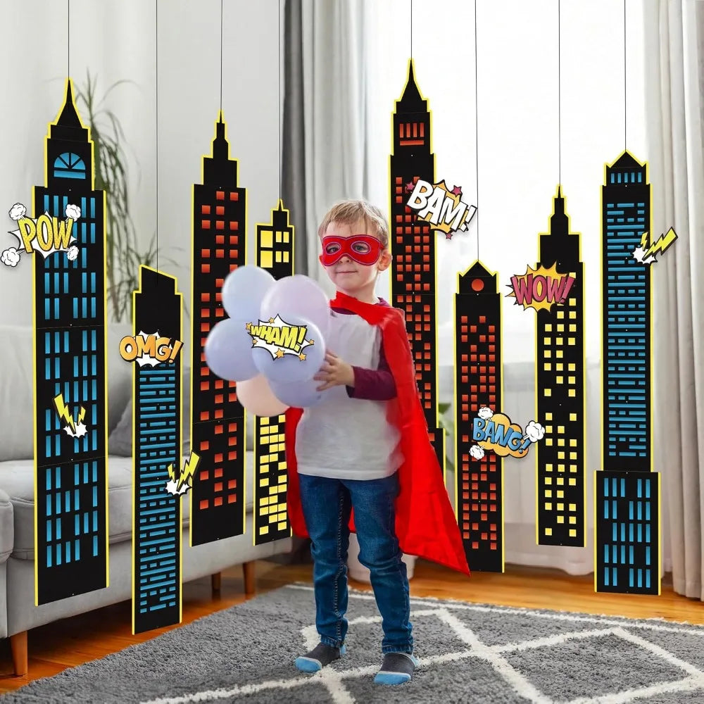 décoration fête anniversaire super héros gratte ciel onomatopées bandes dessinées garland découpes murales enfants