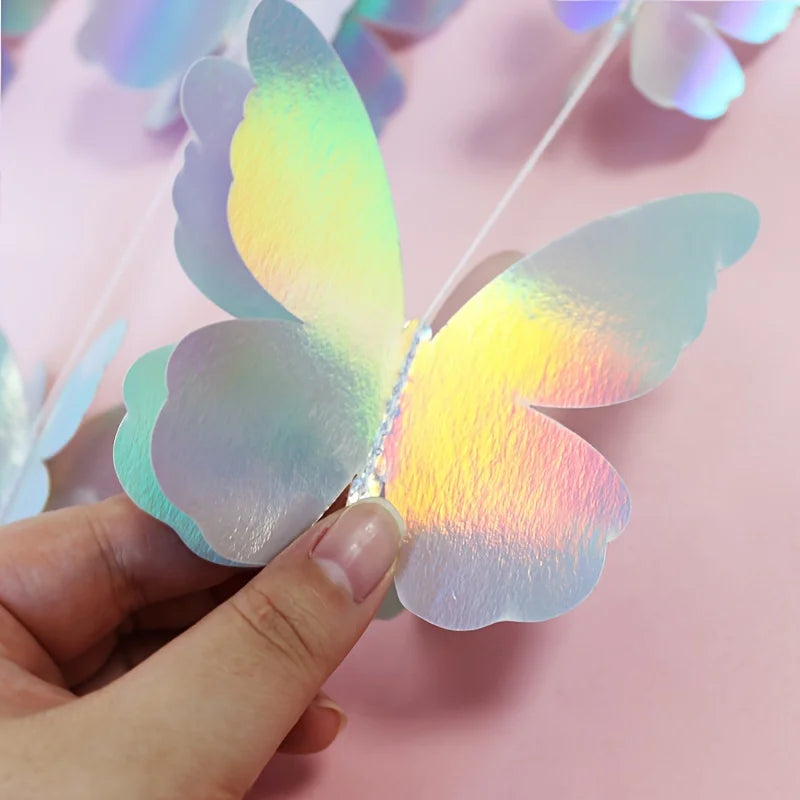 guirlande papillons holographiques brillants 3d blanc bleu vert rose violet jaune anniversaire mariage