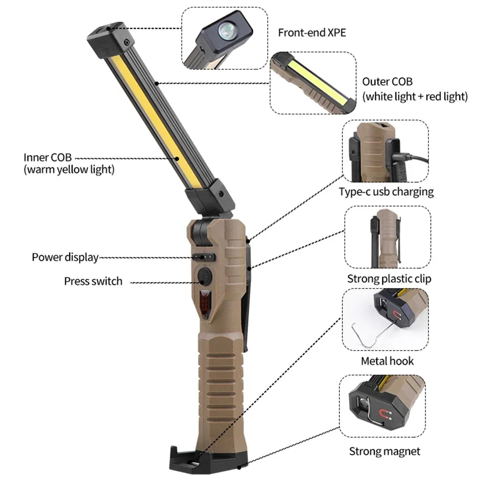 lampe travail multifonction rechargeable usb modes lumière blanche rouge jaune sécurité