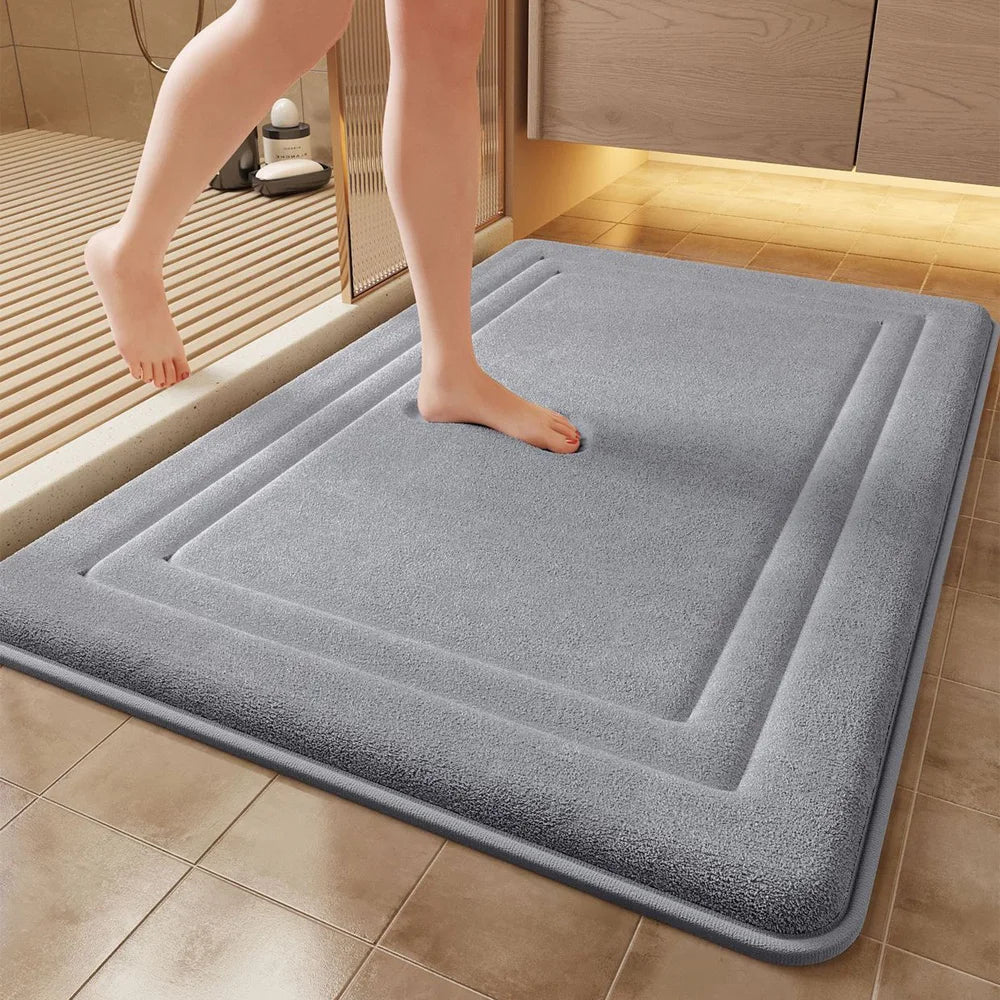 tapis bain doux absorbant non glissant moderne gris texturé relief géométrique duveteux
