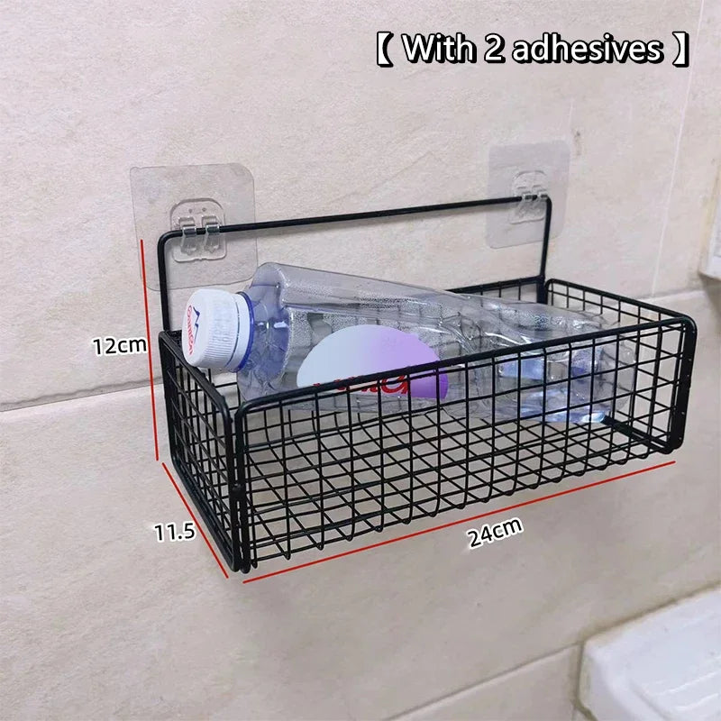 panier grille métallique noir adhésif mural stockage cosmétique maquillage bouteilles d'eau