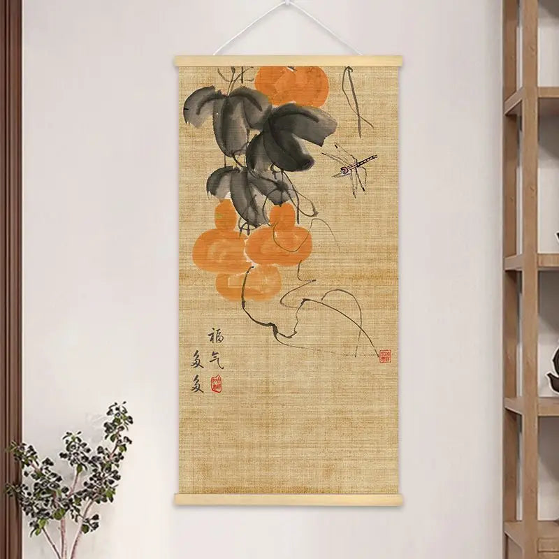 peinture suspendue chinois bambou fleurs insectes textes beige noir rouge vert