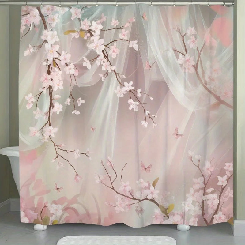 rideau douche polyester moderne floral papillons fleurs cerisier voile transparent crochets respectueux environnement
