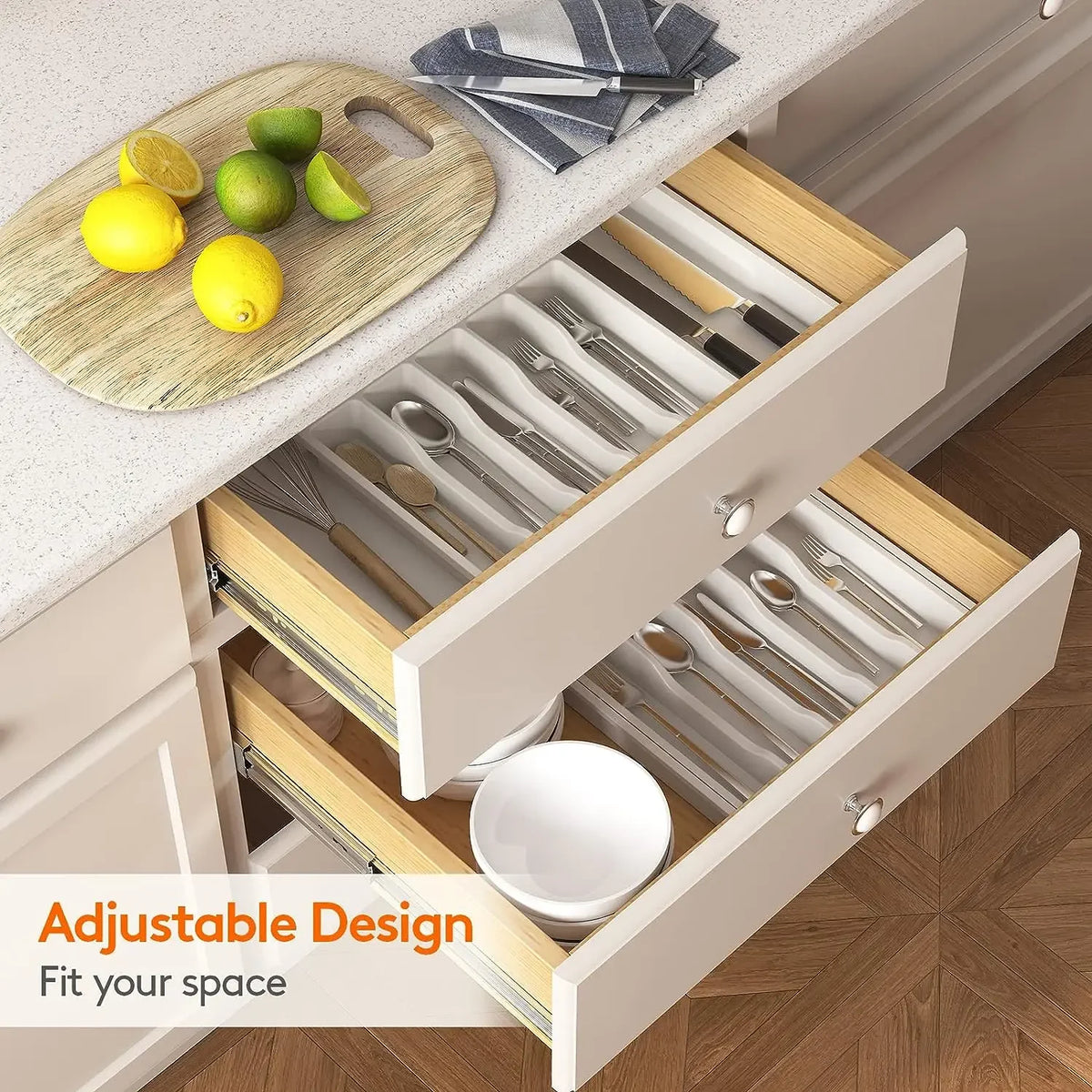 organisateur tiroir cuisine extensible compartiments ajustables rangement couverts ustensiles blanc gris moderne