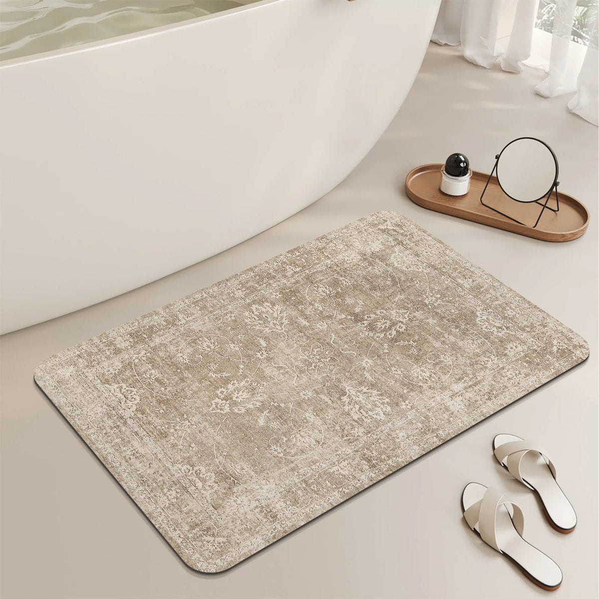 tapis bain antidérapant caoutchouc moderne minimaliste gris clair beige texture grunge effet usé adhésif