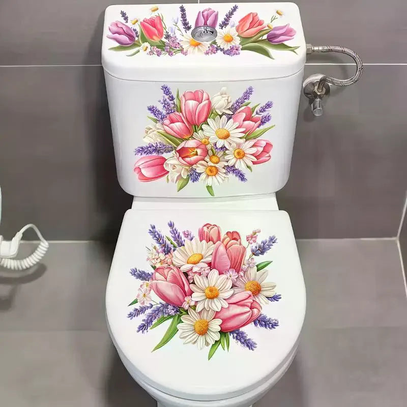 autocollant floral moderne toilette blanc facile poser nettoyer adhésif fleuri