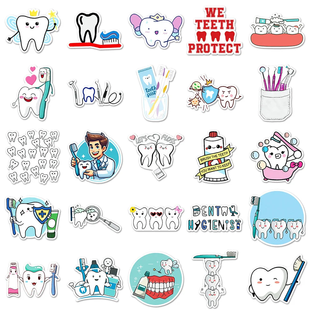 stickers dentaires mignon brosse dents dentifrice dessin animé bleu blanc rose vert noir gris