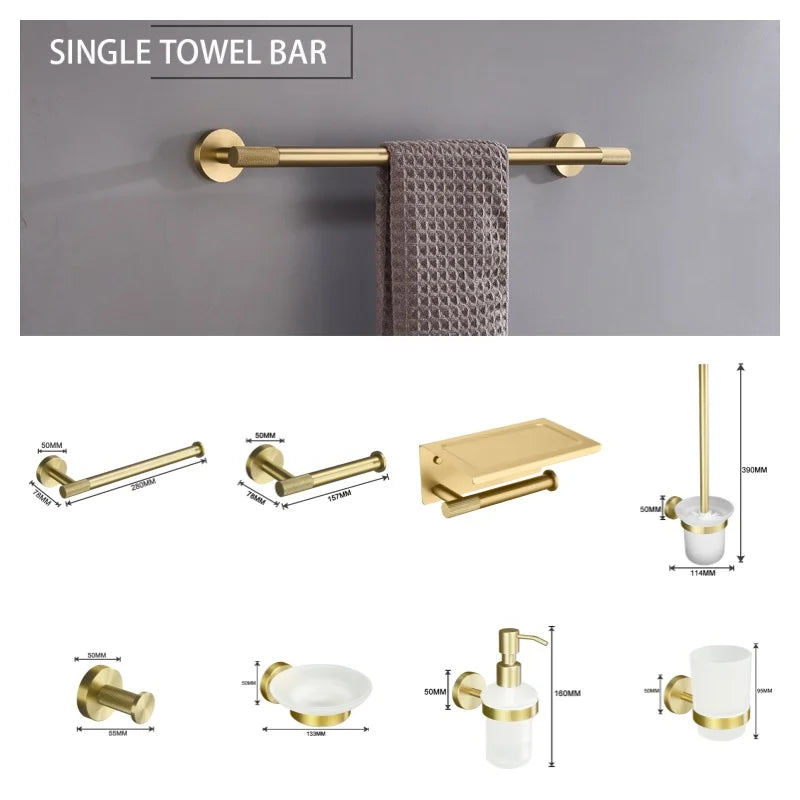 ensemble accessoires salle bain doré métal brossé porte serviette mural support papier toilette