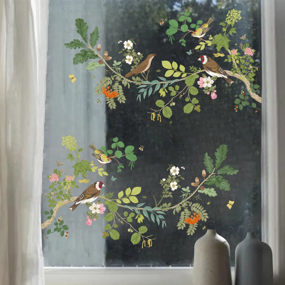 décoration fenêtre sticker floral oiseaux branches feuilles transparente naturelle 52x30cm 23.62x13.78in