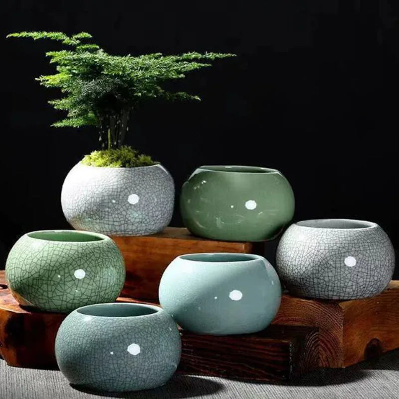 pot fleurs céramique porcelaine glacé craquelé moderne minimaliste vert gris opaque