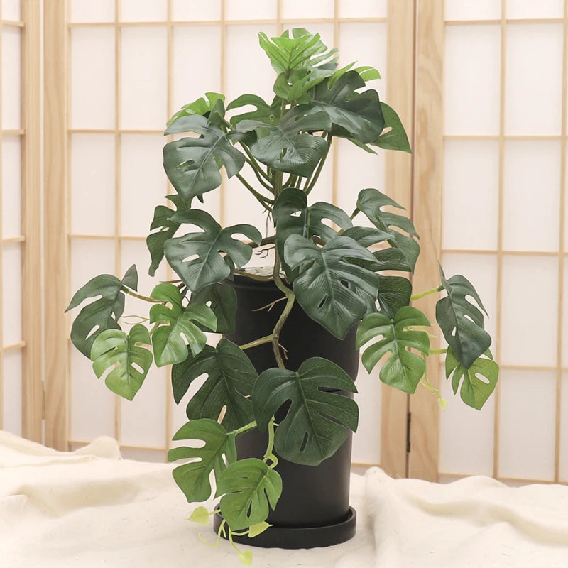 plantes artificielles feuilles vertes perforées moderne intérieur décoration maison pot bois