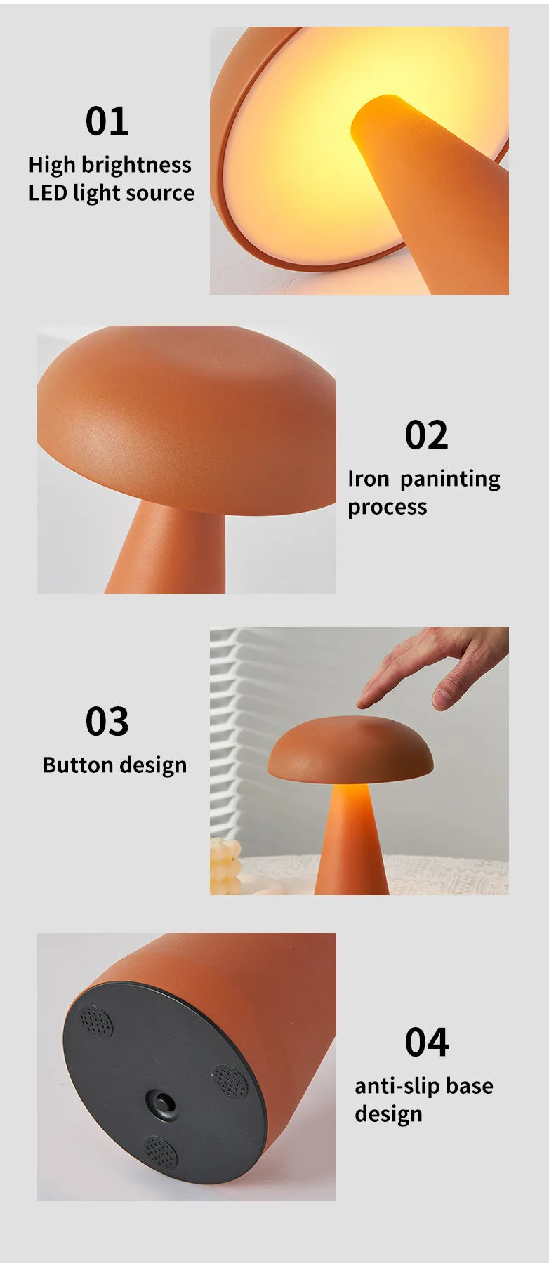 Vue de côté de la lampe champignon doré avec matériaux ABS et fer