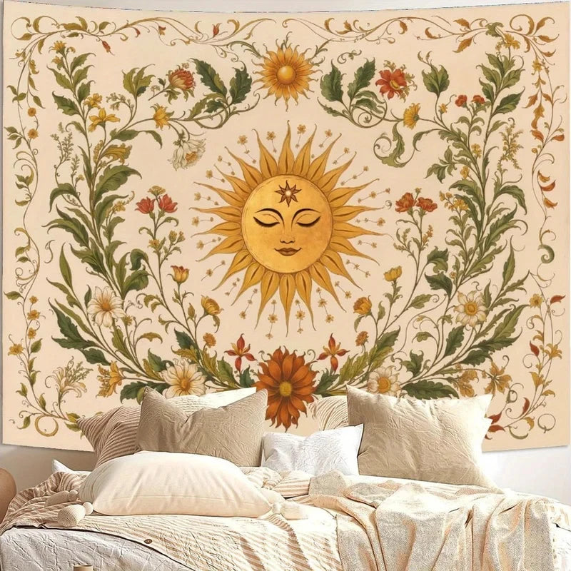 tapisserie florale imprimée bohème vintage rectangle couleurs chaudes solaire détaillée