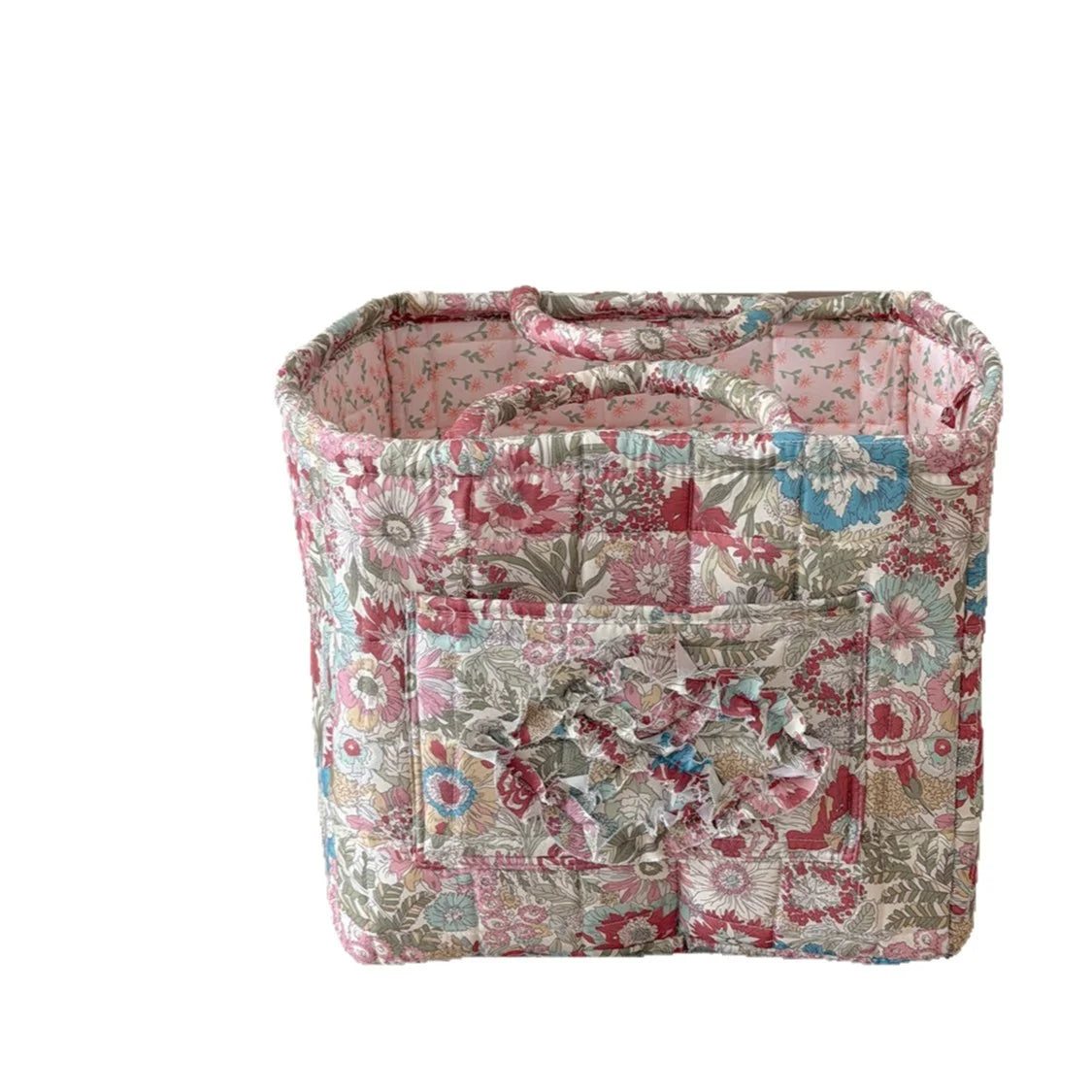 paniers rangement tissu fleurs patchwork vintage rose clair rouge marron poignées détachables fermeture glissière