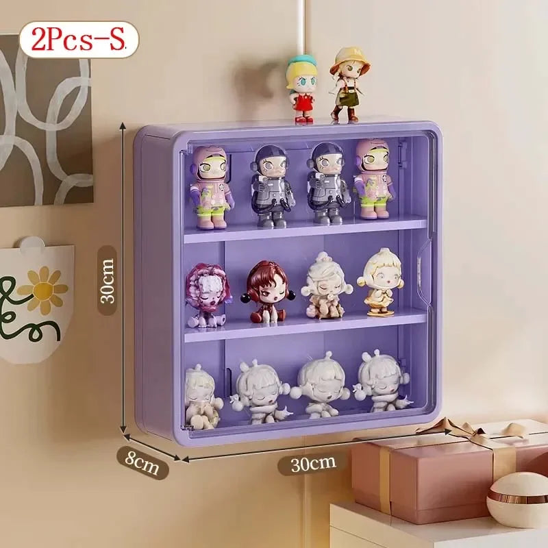 présentoir mural transparent moderne figurines blanc jaune violet anti poussière adhésif organisateur