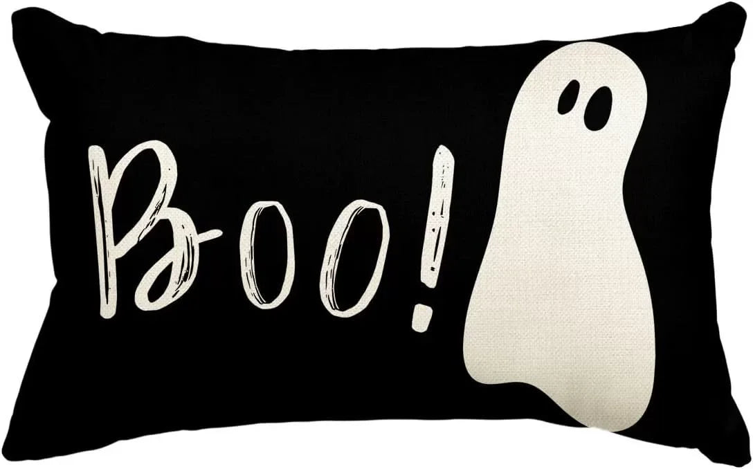 housses d'oreiller fantômes imprimées décoration halloween noires blanches adhésives maison hospitalières