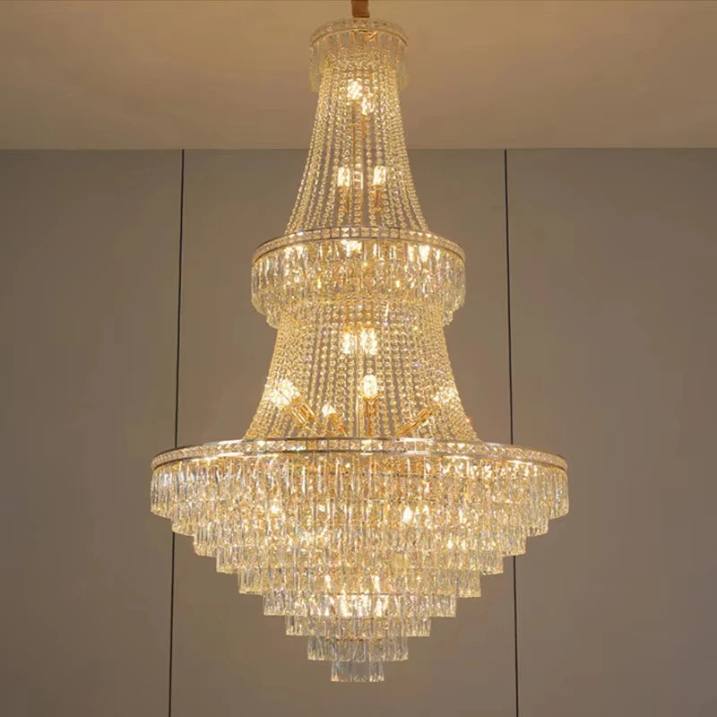 lustre pendentif cristal or hall salon classique 30mètres carrés 20lumières transparents decoration
