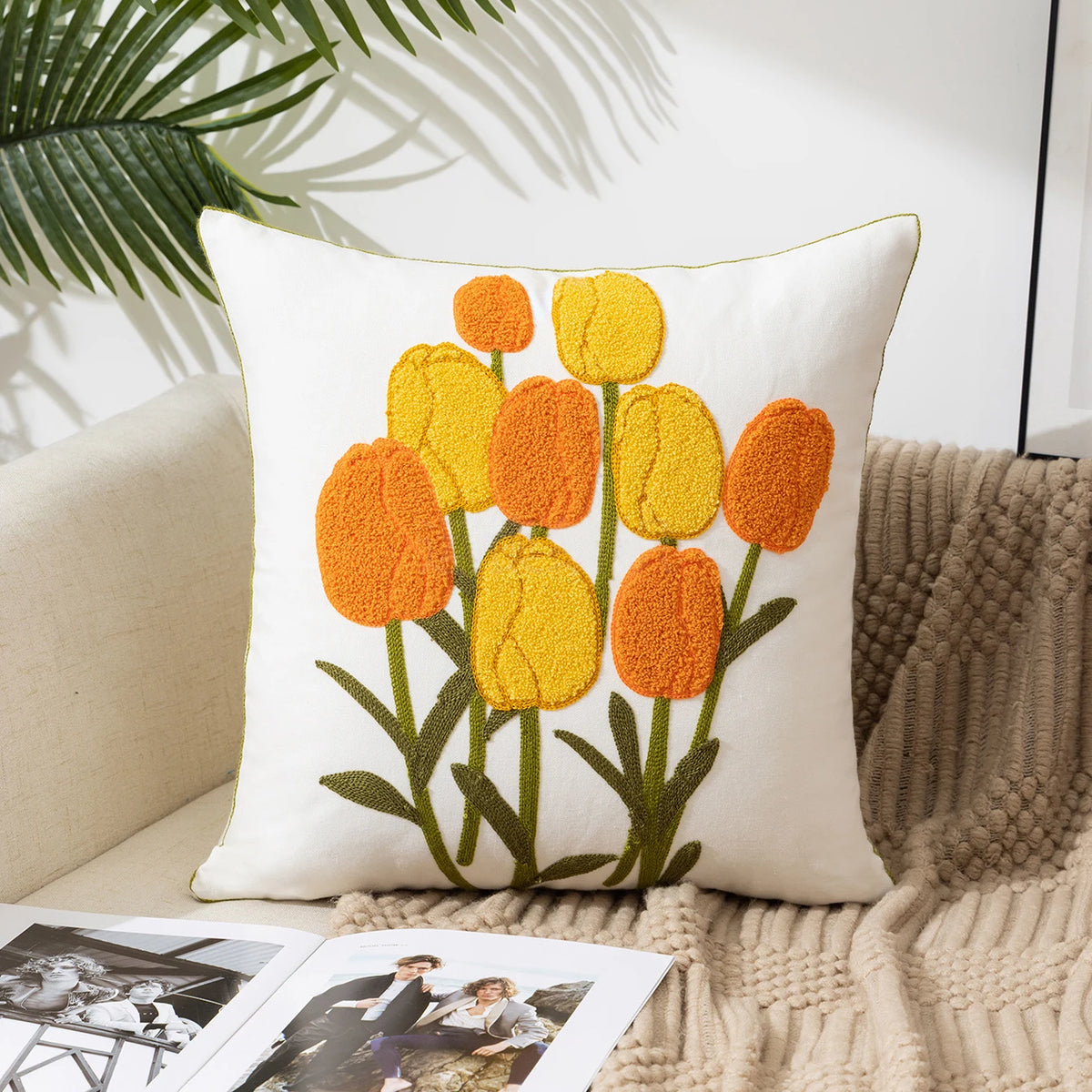 taies d'oreiller fleurées moderne decoration maison 45x45cm polyester coton lin blanc