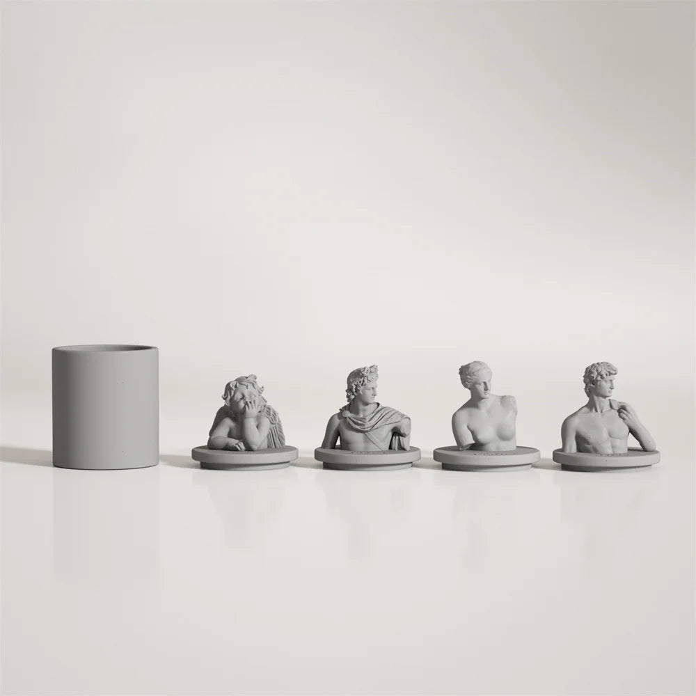 bougies décoratives statuettes classiques personnages modernes gris rose vert bleu