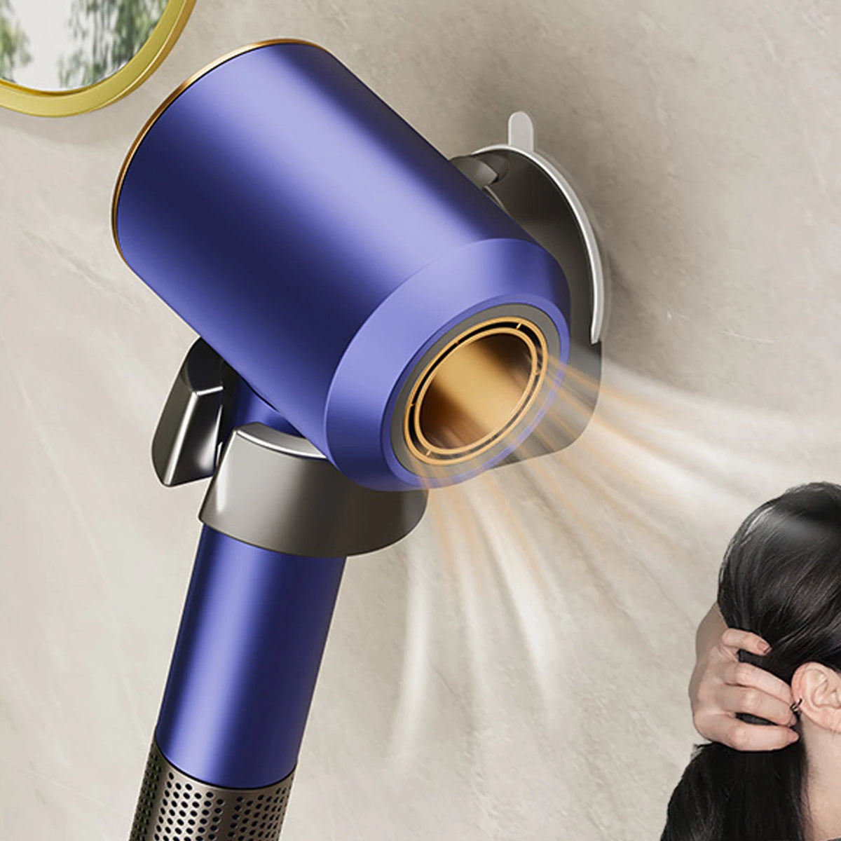 sèche cheveux mural support adhésif moderne minimaliste bleu métallisé doré gris métallisé