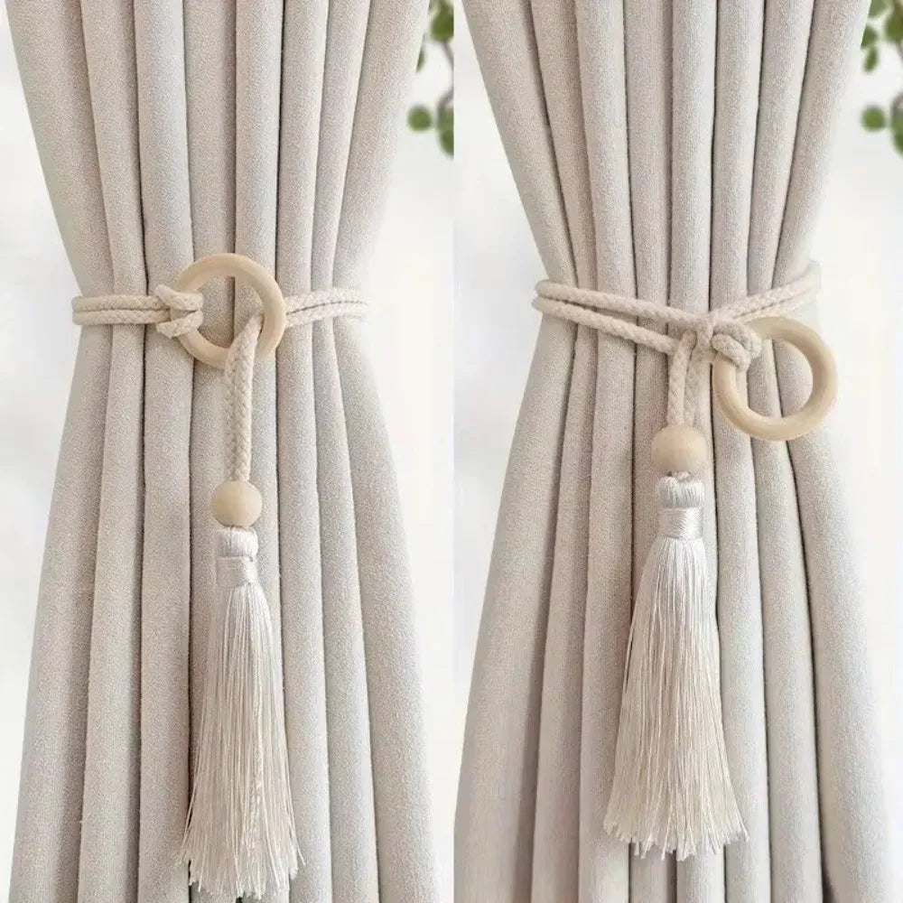 rideaux bohèmes attache corde coton bois pompon frange décoratif scandinave rustic