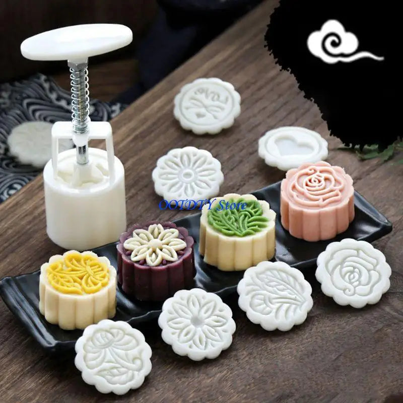 moule silicone pression mooncakes gâteaux chinois motifs floraux géométriques disques interchangeables traditionnels