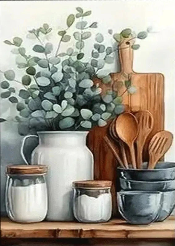 peinture murale fleurs ustensiles cuisine abstraite verte classique sans cadre decoration intérieure vert blanc