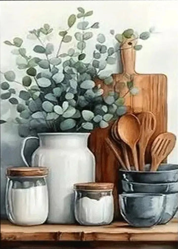 peinture murale fleurs ustensiles cuisine abstraite verte classique sans cadre decoration intérieure vert blanc