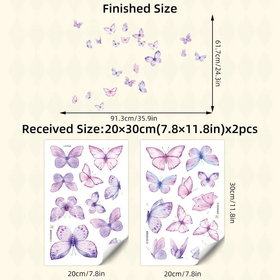 stickers muraux papillons violettes roses modernes décoration chambre enfants blancs adhésifs set deux feuilles