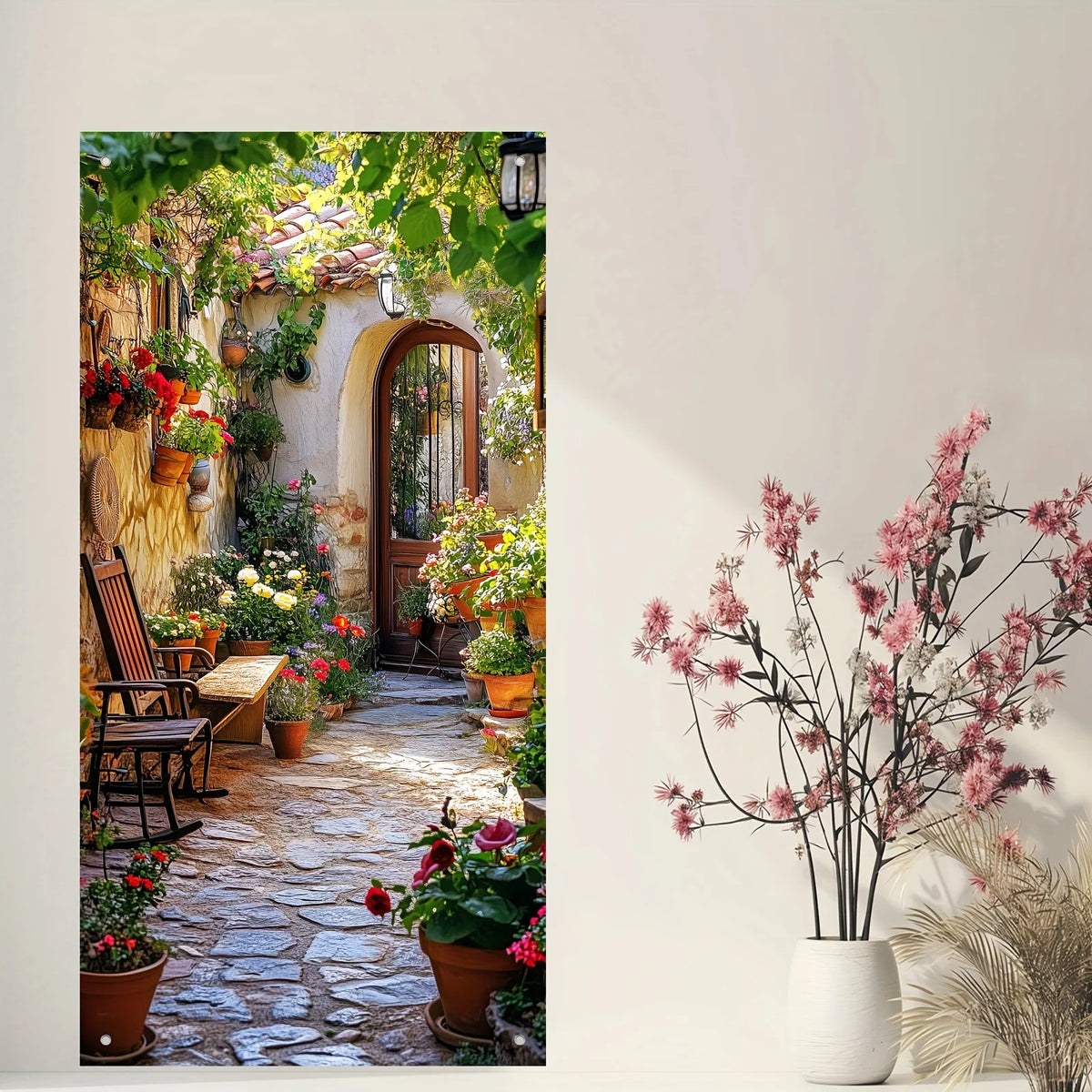 décoration murale jardin fleuri porte bois allée pavée anniversaire mariage événementextérieur festive