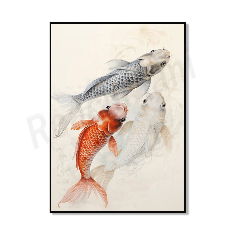 Trois poissons Koï colorés nagent paisiblement, leurs écailles brillantes et leurs formes gracieuses captivant l'attention.