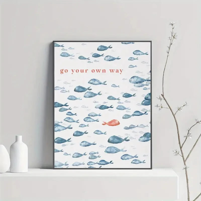 affiche murale poissons bleus fond blanc texte rouge moderne minimalisteintérieur extérieur salon chambre 21x30cm
