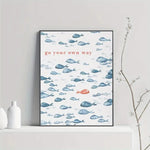 affiche murale poissons bleus fond blanc texte rouge moderne minimalisteintérieur extérieur salon chambre 21x30cm