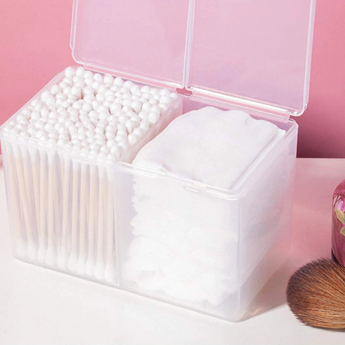 boîte rangement transparente moderne coton tiges disques démaquillants réutilisable accessoires beauté organisation élégante minimaliste