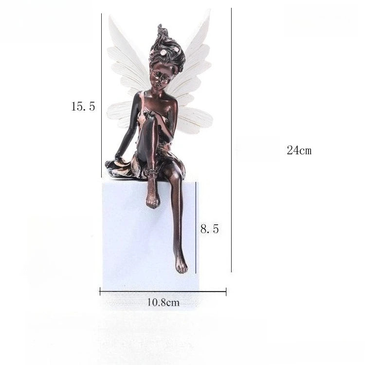 ornement extérieur statue fée assise résine détails floraux blanc marron fantastique
