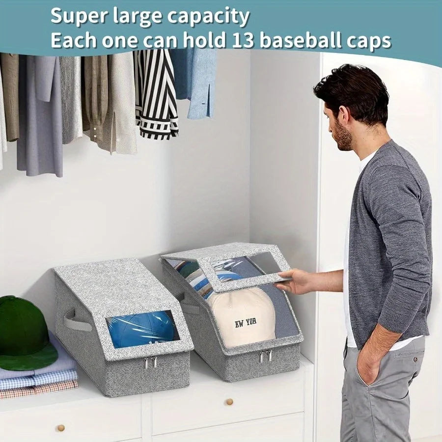 boîte rangement chapeaux gris tissu moderne fenêtre transparente anti poussière pratique réutilisable organisateur chapeaux