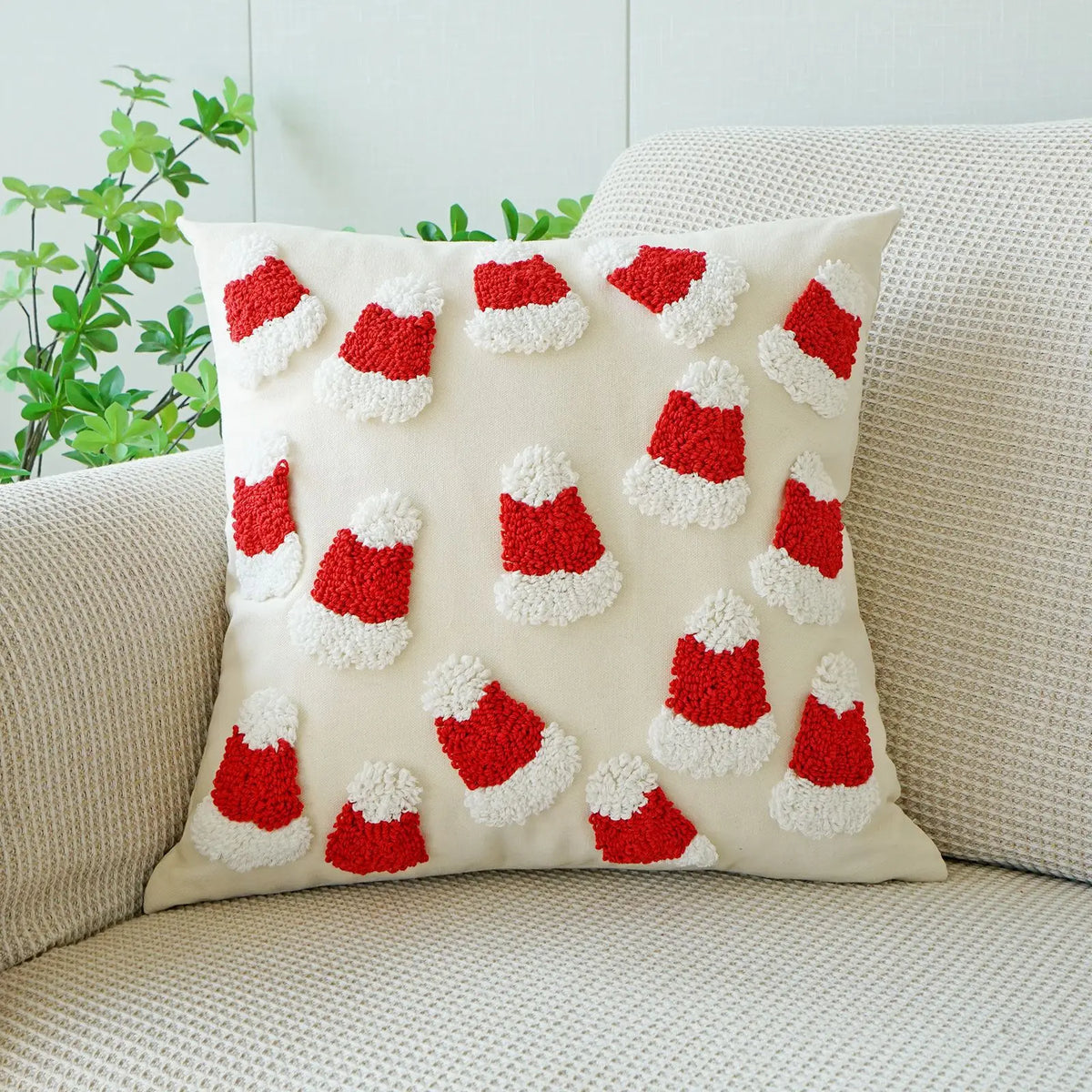 housse coussin noël brodée ho ho ho merry christmas rouge vert polyester coton respectueux