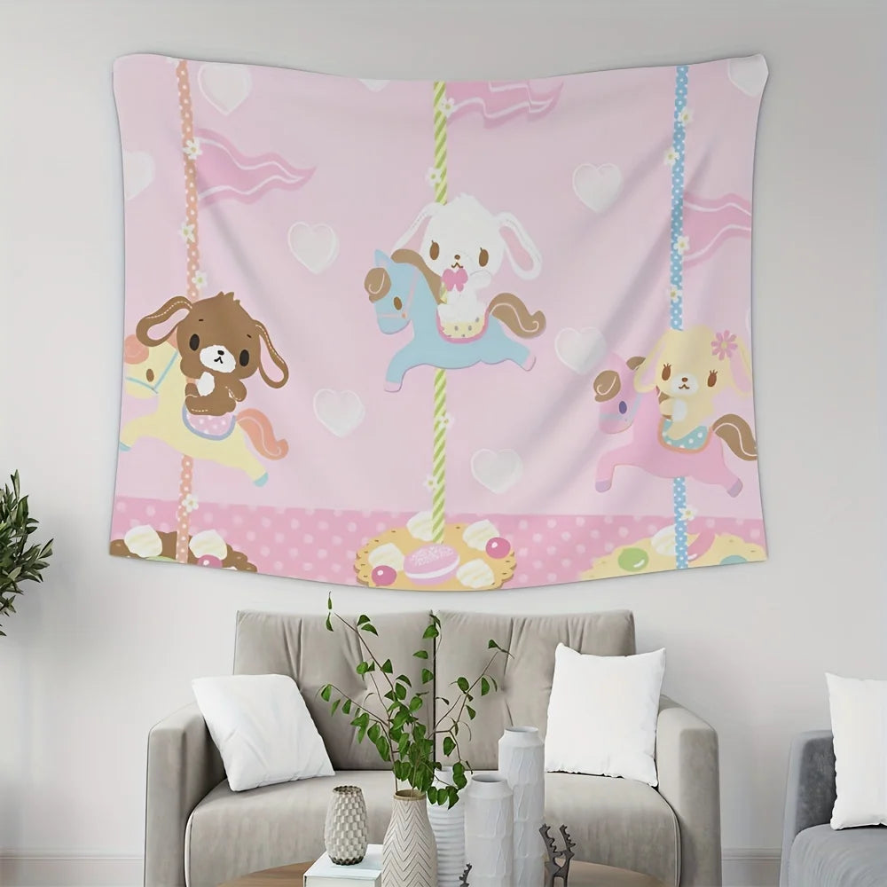 tapisserie animaux carrousel rose clair beige bleu illustration douce enfant clips magnétiques 150x130cm 150x200cm