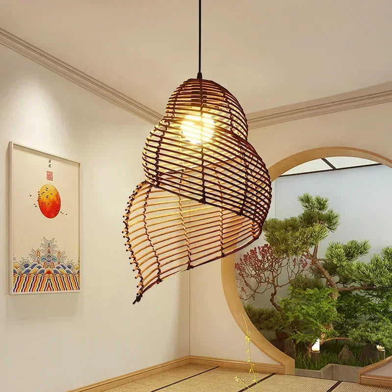 lampe suspendue marron clair rattan tressé moderne rustique chaîne métallique