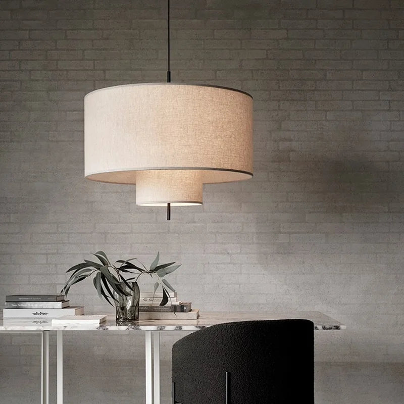 lampe suspendue tissu toile lin beige clair moderne 40cm 50cm 60cm led nature light
