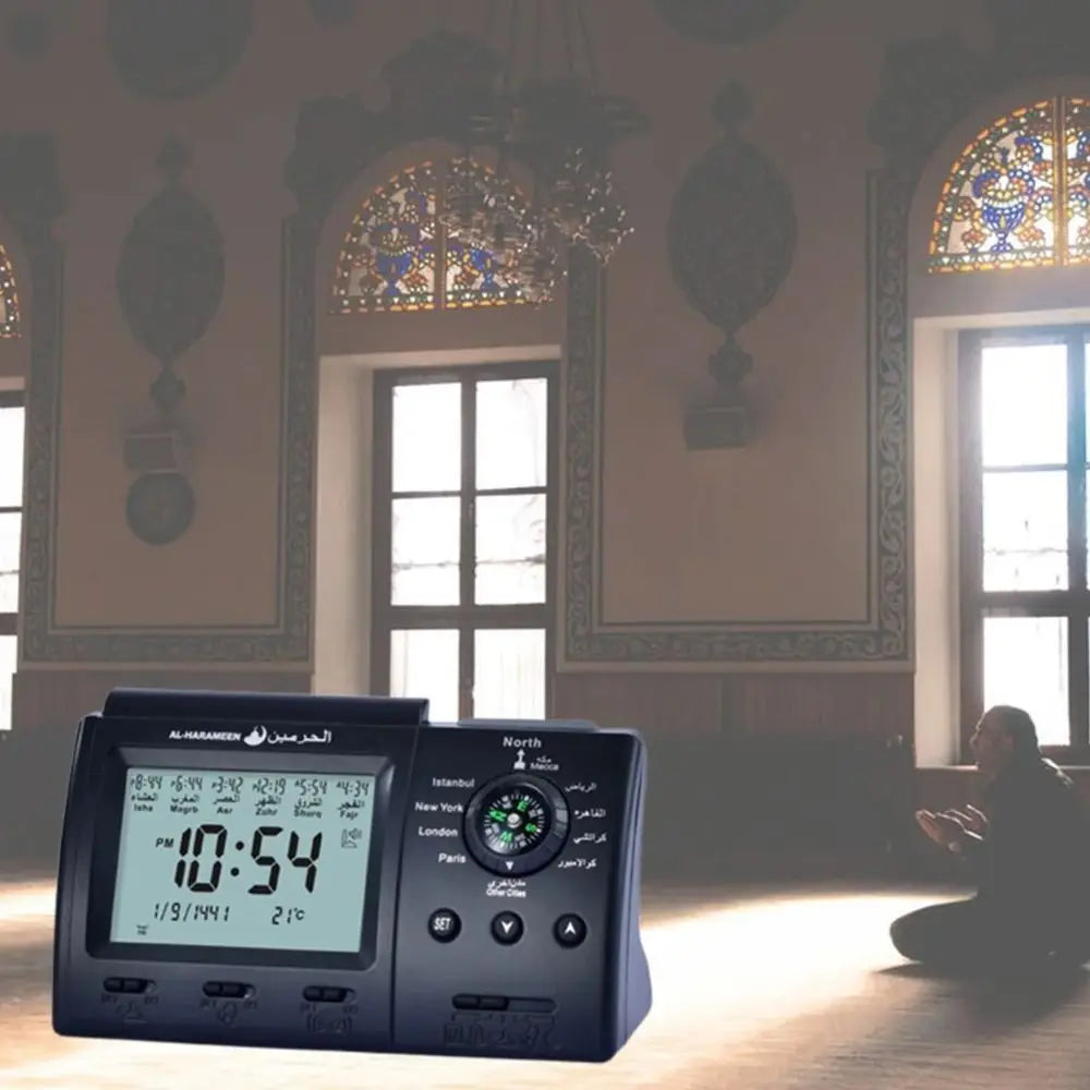 horloge numérique affichage lcd alarme adhan temperature horaire priere calendrier hijri or noir moderne