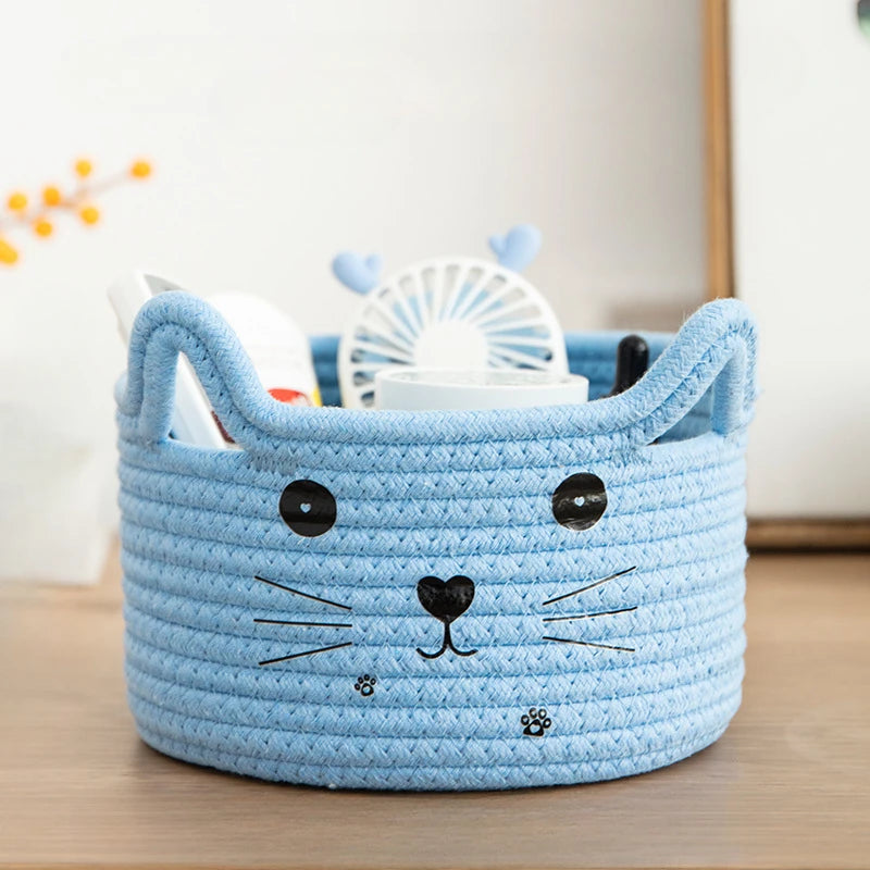 panier rangement créatif réutilisable blanc rose jaune vert bleu visage chat brodé enfantin respectueux