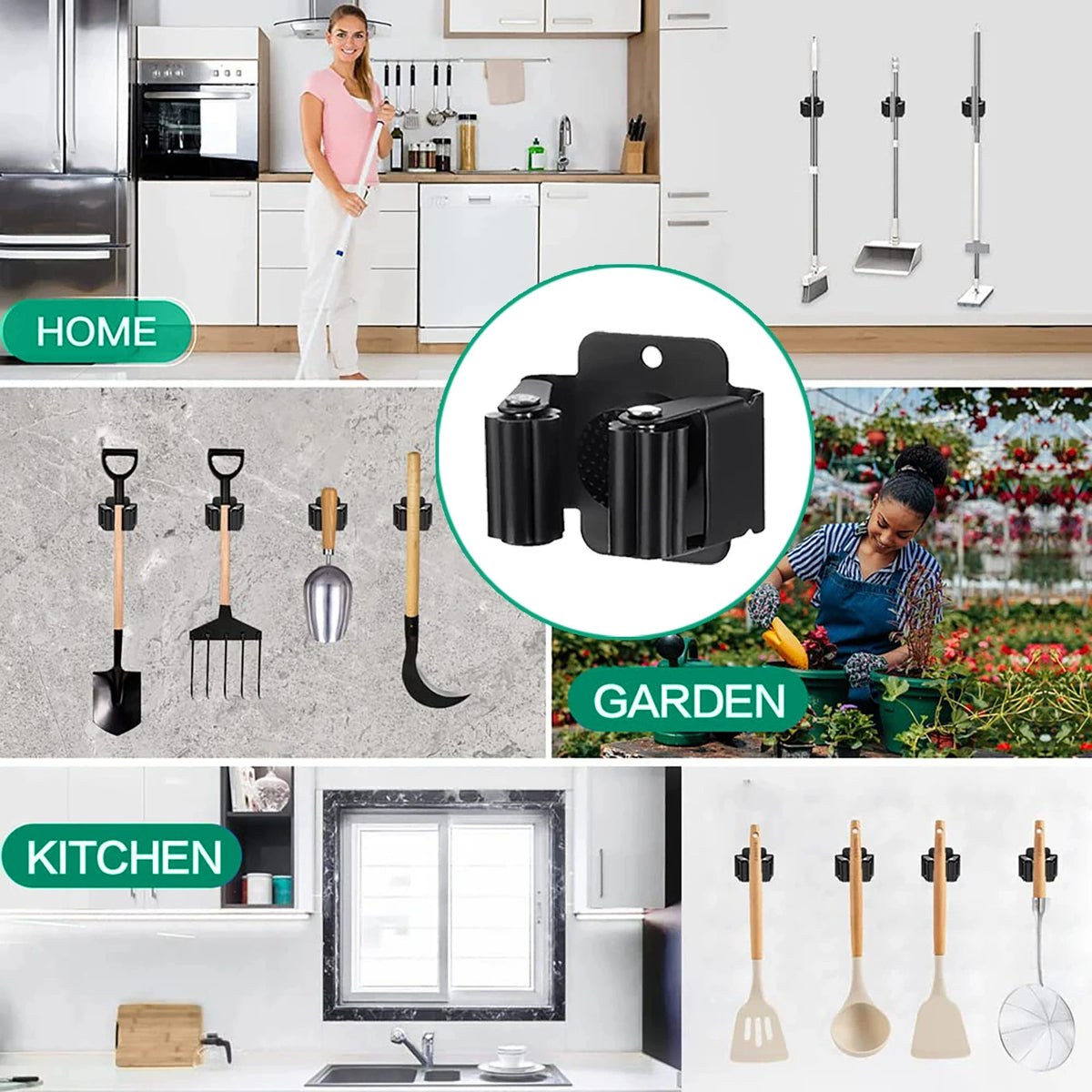 support mural noir balai râteau outils nettoyage moderne acier inoxydable durable fixations