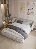 lit tissu texturé tête lit moderne minimaliste beige gris blanc chambre coucher matériaux bois