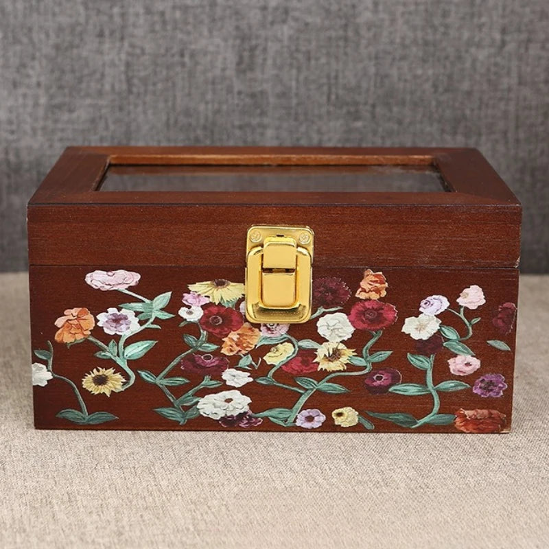 boîte bijoux bois fleurs colorées verre transparent classique poignée dorée 20x12x10cm portable domestique