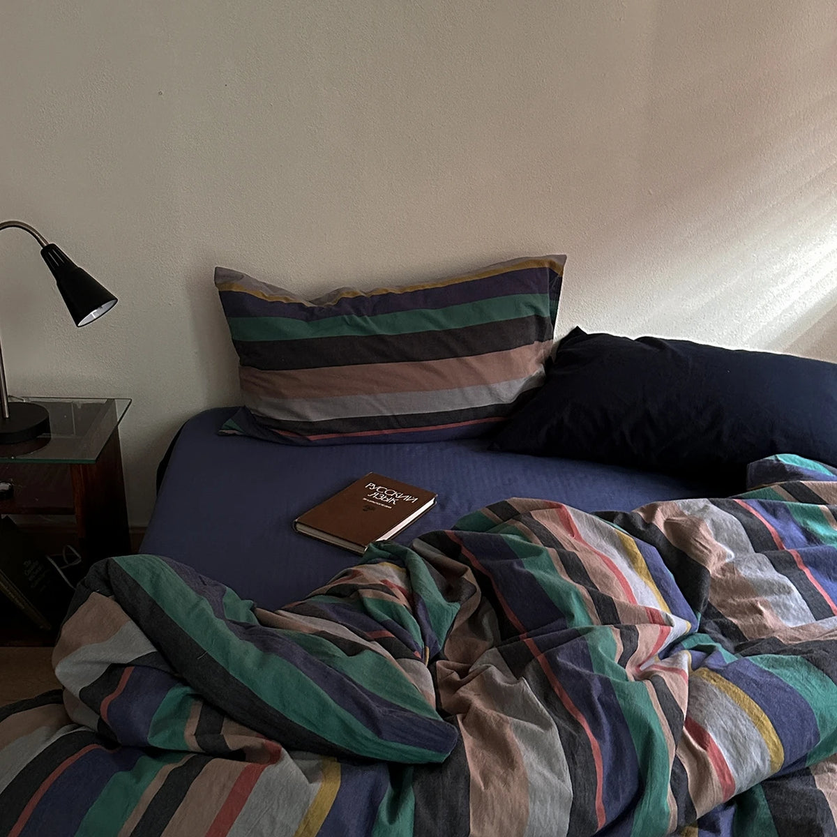 housse couette coton rayées moderne bleu vert gris taies d'oreiller incluses