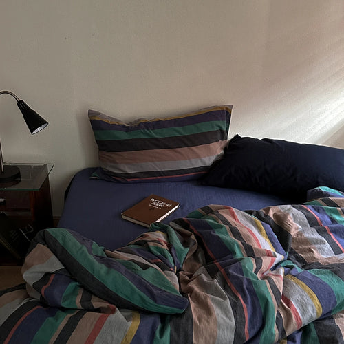 housse couette coton rayées moderne bleu vert gris taies d'oreiller incluses