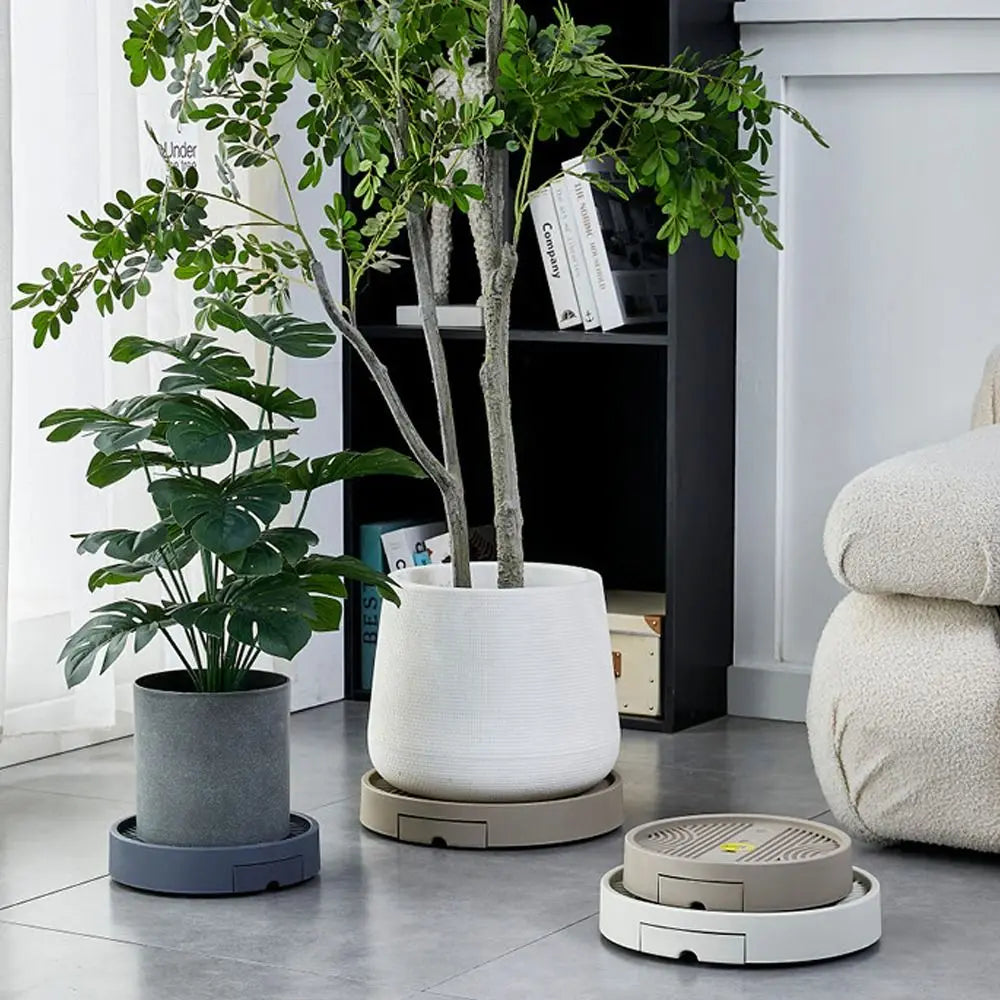 plateau fleurs mobile gris beige rond stable roues drainage moderne
