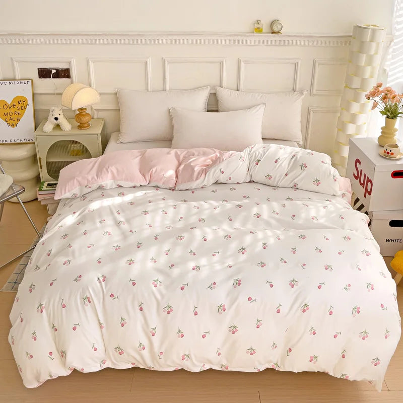 ensemble literie coton blanc rose fleurs moderne doux housse couette taies oreillers ruban serrage