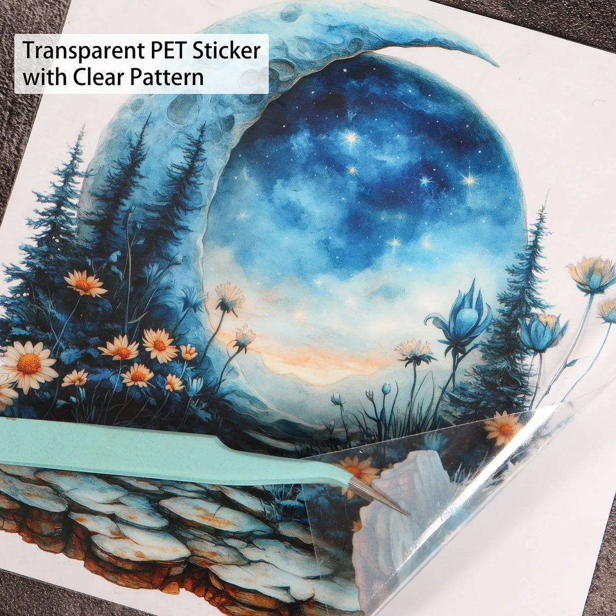 sticker mural paysage nocturne lune arbres fleurs transparent adhésif bleu blanc orange vert